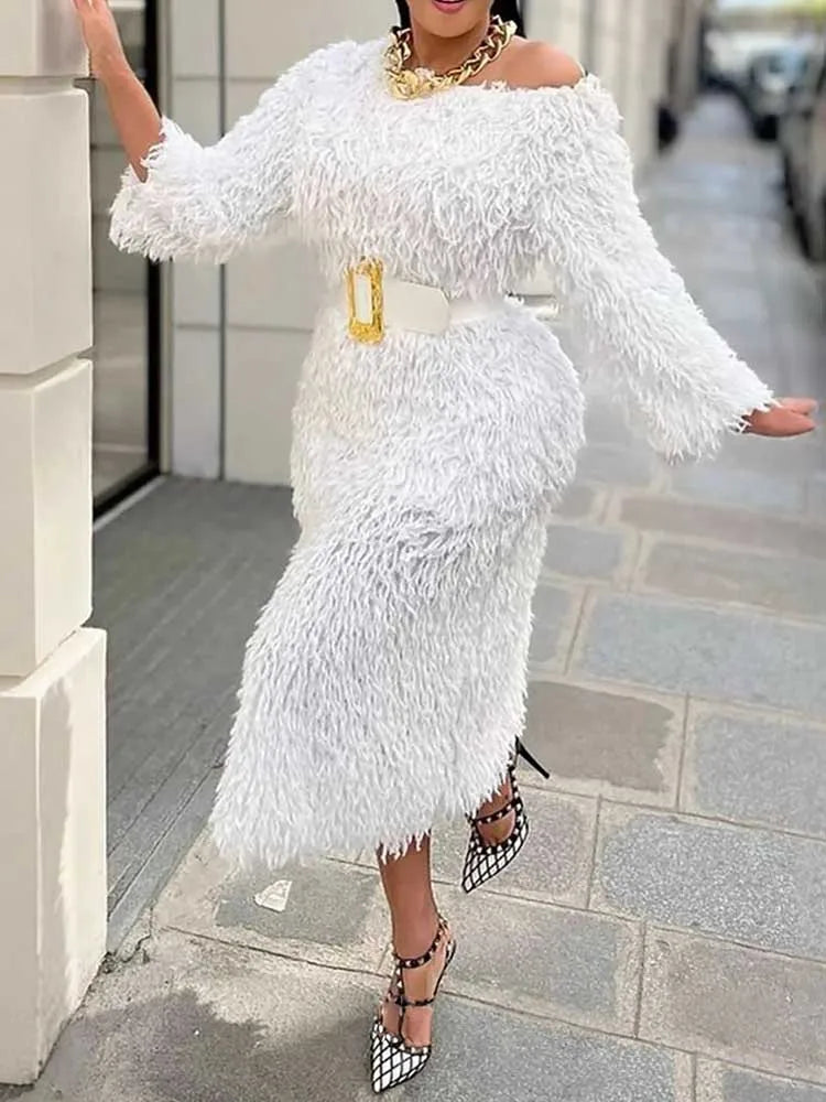 Winter Evening Dress Woman Long Sleeve Off Shoulder White Elegant Dresses with Belt Chic Faux Fur Dress Wholesale Dropshipping