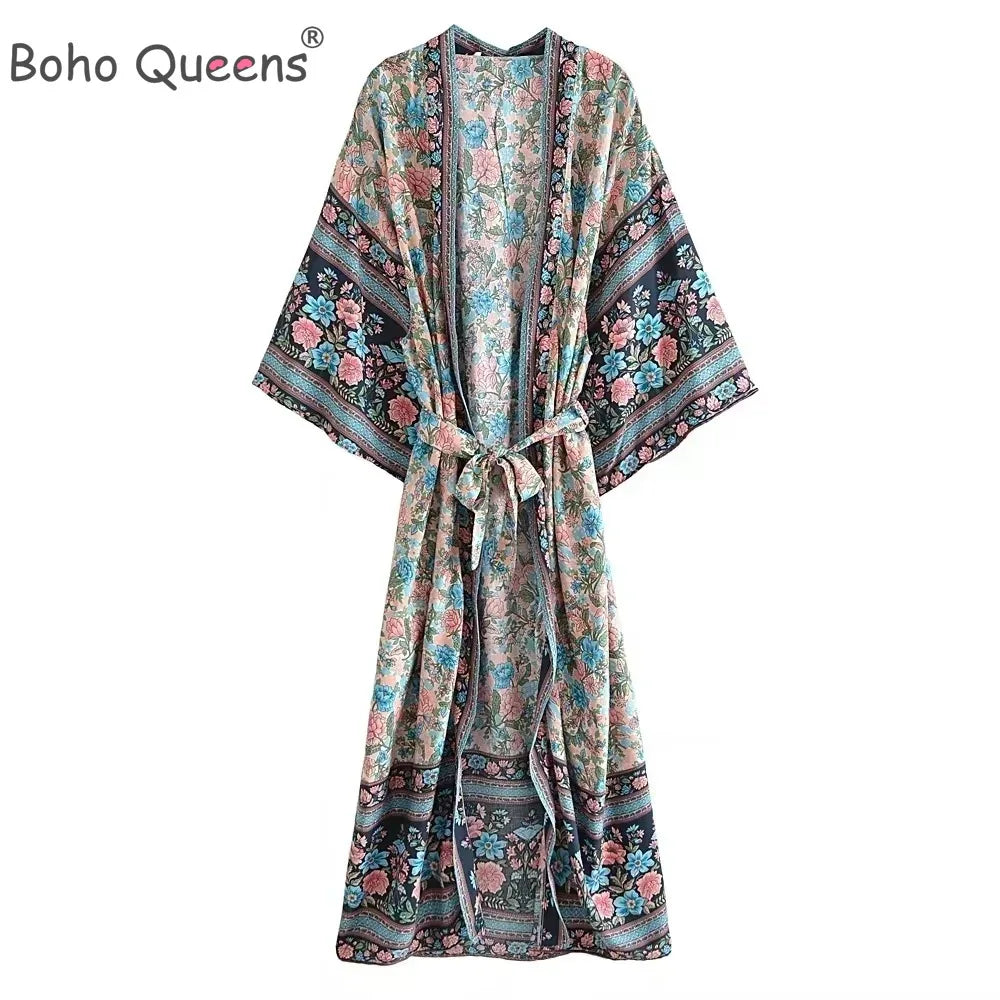 Floral Print Bohemian Kimono Maxi Cover-Up | Wovetsa