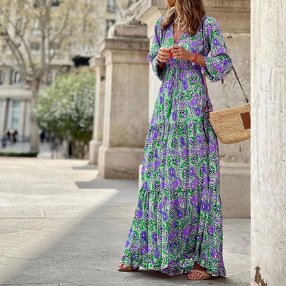 Printed V-Neck Bohemian Maxi Dress | Wovetsa