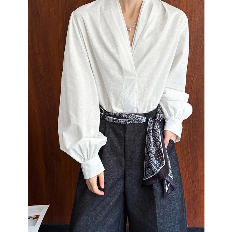 V-Neck Puff Sleeve Cotton Linen Blouse | Wovetsa