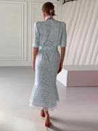 Elegant Lace Trimmed Printed Dress Women Chic Deep V-neck Waist Cinching Split Short Sleeve Maxi Dress Lady Party Vestidos 2026