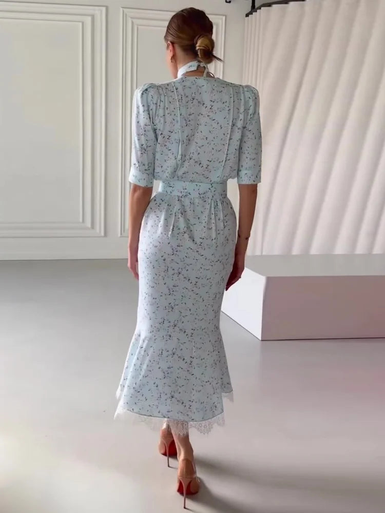 Elegant Lace Trimmed Printed Dress Women Chic Deep V-neck Waist Cinching Split Short Sleeve Maxi Dress Lady Party Vestidos 2026