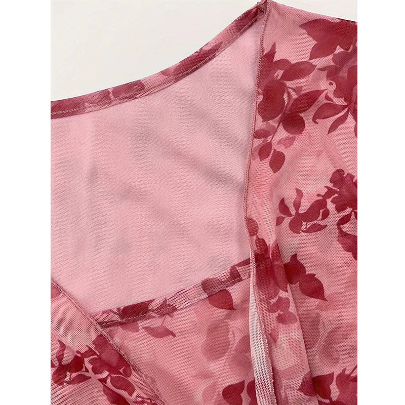 Y2K Floral Mesh Flare Sleeve Top | Wovetsa