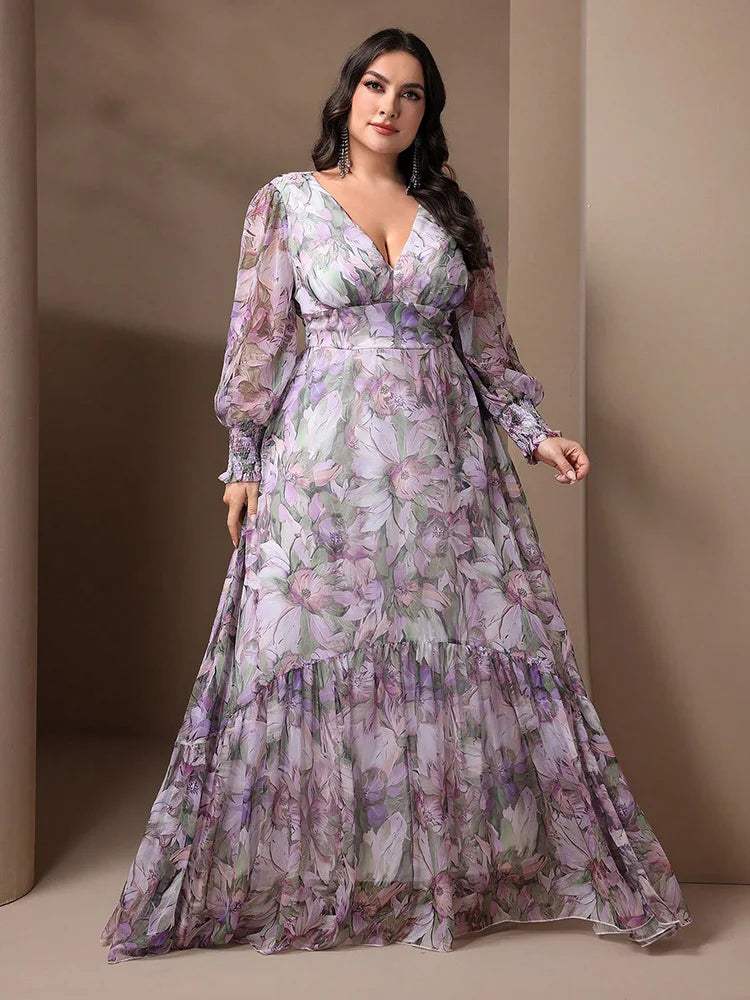 Plus Size Floral V-Neck Lantern Sleeve Maxi Dress | Wovetsa