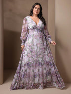 Plus Size Floral V-Neck Lantern Sleeve Maxi Dress | Wovetsa
