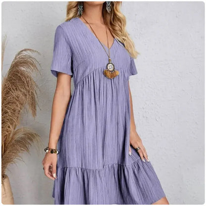 Women's V-Neck Short Sleeve Peplum Ruffle Dress | Wovetsa
