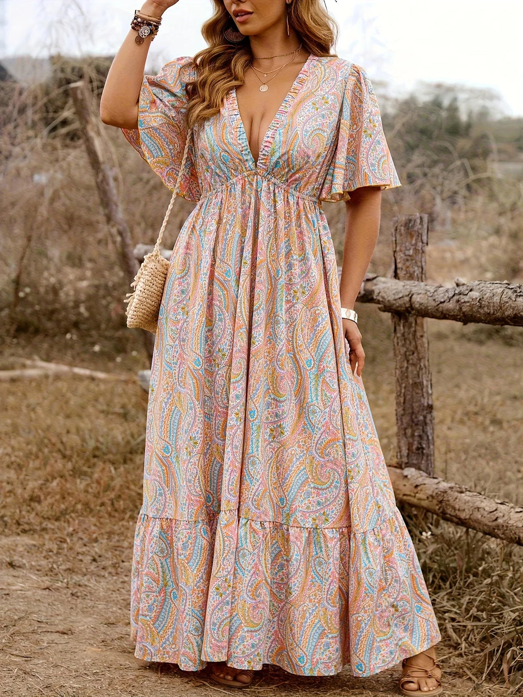 Plus Size Paisley Print Butterfly Sleeve Maxi Dress | Wovetsa