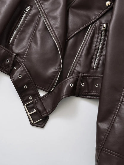Vintage Belted Faux Leather Moto Jacket | Wovetsa