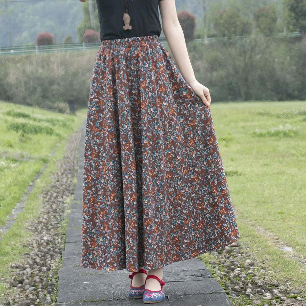 Bohemian Floral Print Cotton Linen Maxi Skirt | Wovetsa