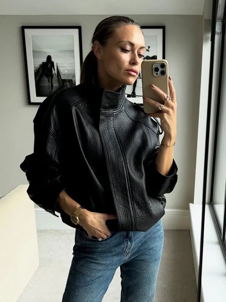 HH Autumn Pu Leather Jacket For Women Fashion High Street Overcoat Jackets Long Sleeve Zipper Coats Winter Casual Lady Outwear