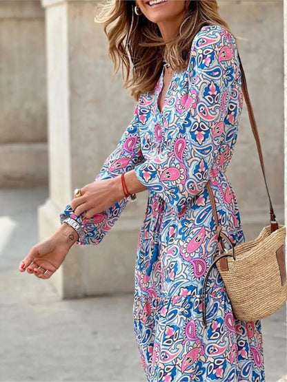 Printed V-Neck Bohemian Maxi Dress | Wovetsa
