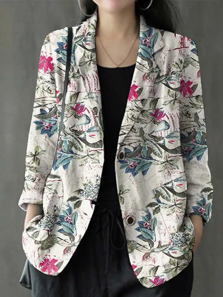 Floral Print Cotton Lapel Blazer Loose Fit | Wovetsa
