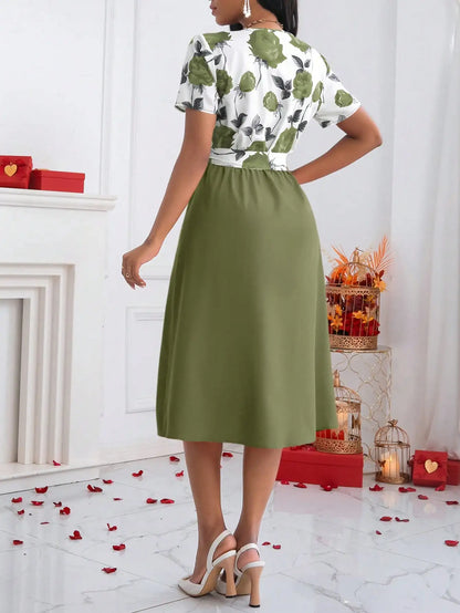 Women's Floral Print V-Neck Tie Waist Midi Dress | Wovetsa