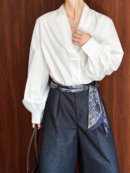 V-Neck Puff Sleeve Cotton Linen Blouse | Wovetsa
