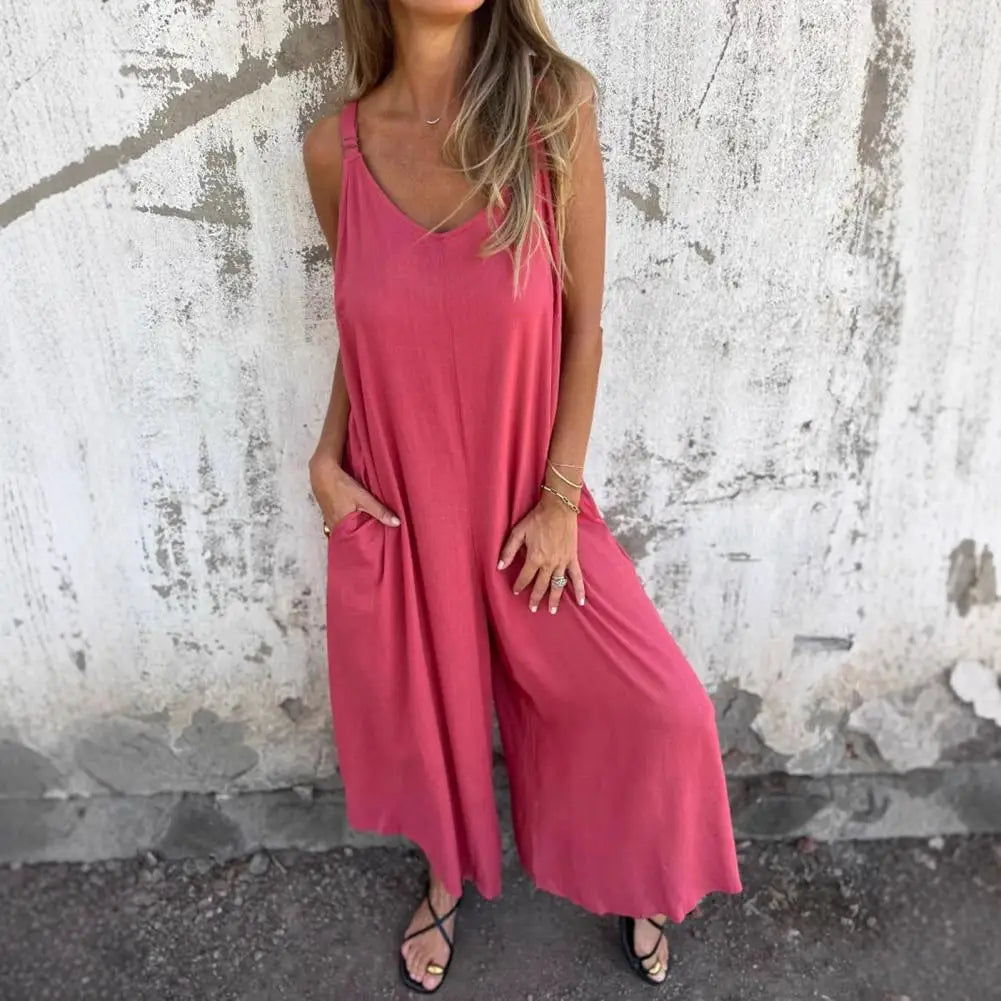 V-Neck Sleeveless Wide-Leg Jumpsuit | Wovetsa