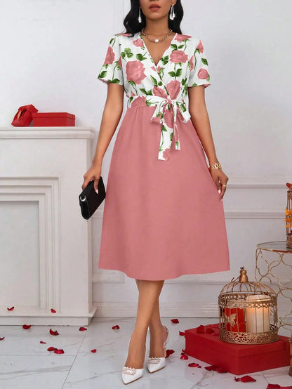 Women's Floral Print V-Neck Tie Waist Midi Dress | Wovetsa