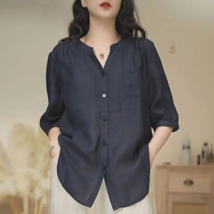 Loose V-Neck Three-Quarter Sleeve Blouse | Wovetsa