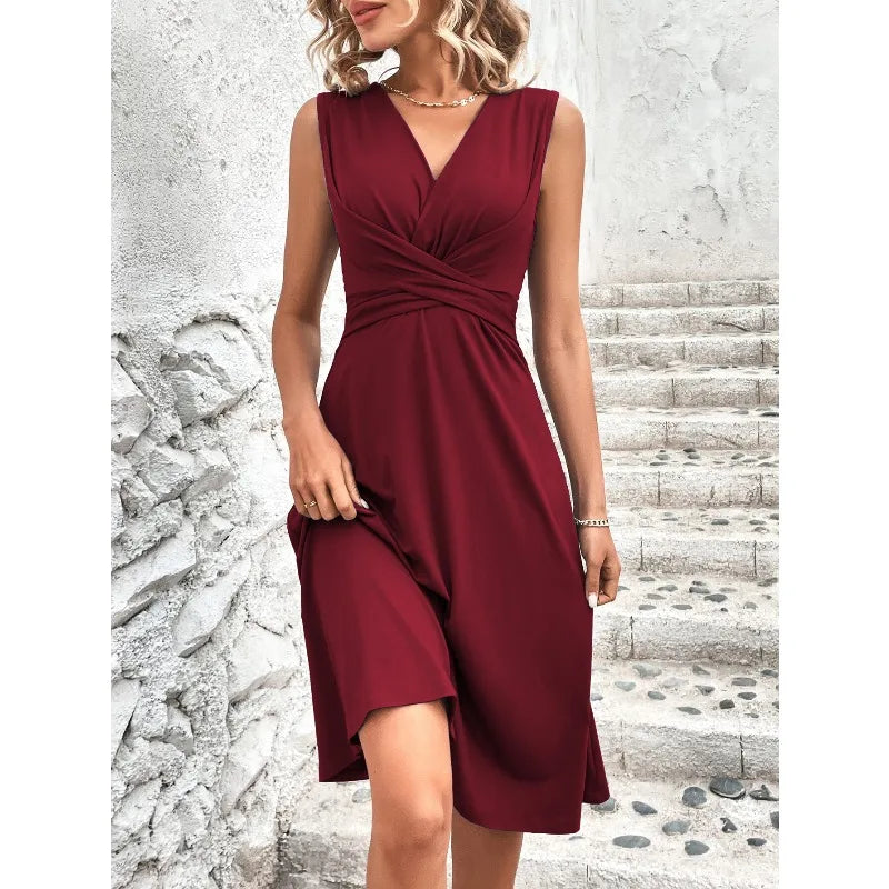 V-Neck Cross-Front Pleated Sleeveless Dress | Wovetsa