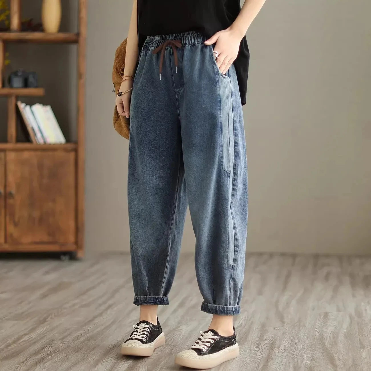 Elastic Waist Patchwork Denim Harem Pants | Wovetsa