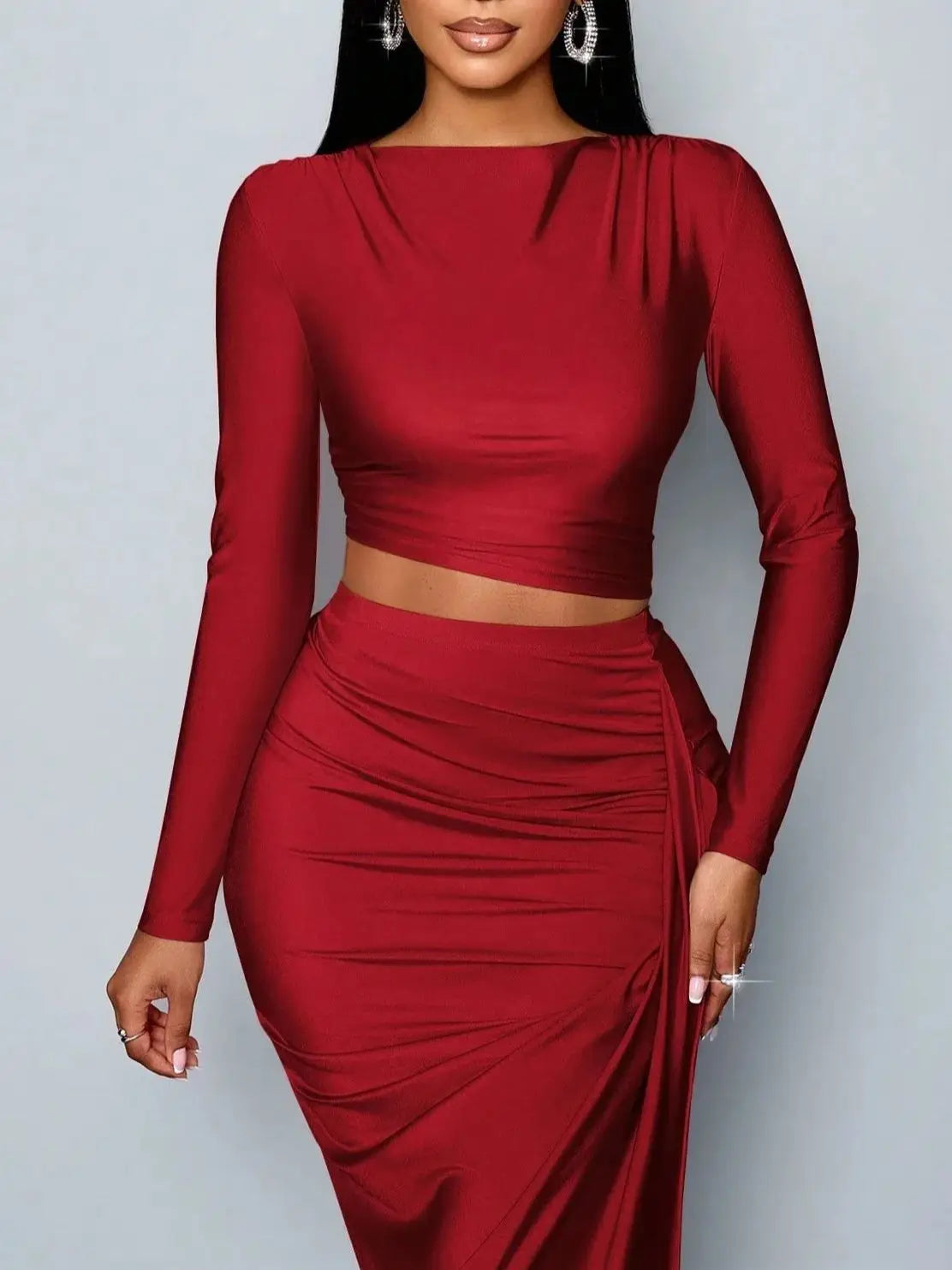 Women's Two Piece Set – Elegant Casual Long Sleeve Top and Pleated Skirt Outfit