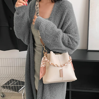 PU Leather Bucket Bag with Chain & Scarf Strap | Wovetsa