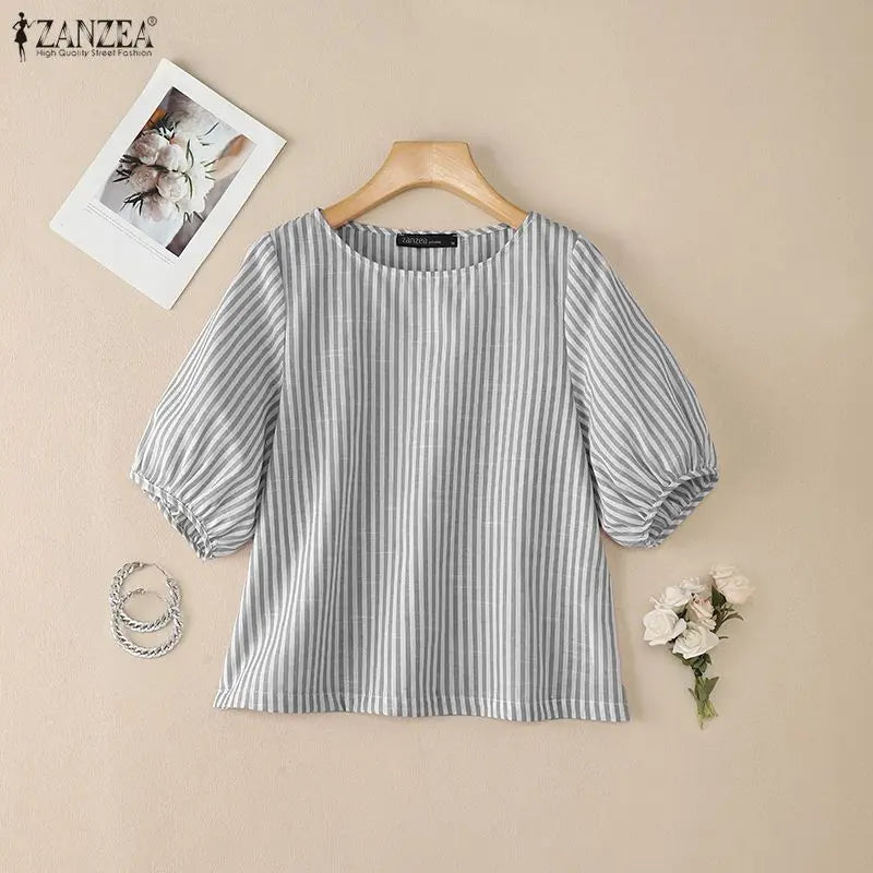 Striped Lantern Sleeve Blouse | Wovetsa
