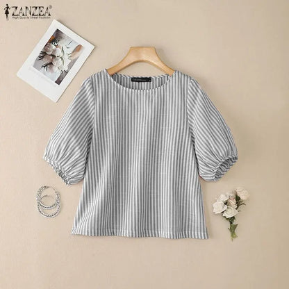 Striped Lantern Sleeve Blouse | Wovetsa