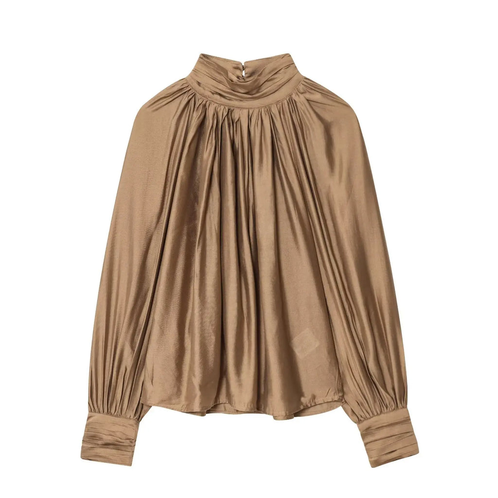 HH Women Autumn Fashion Simple Versatile Standing Collar Draped Top Female High Street Temperament Lantern Long Sleeve Shirt