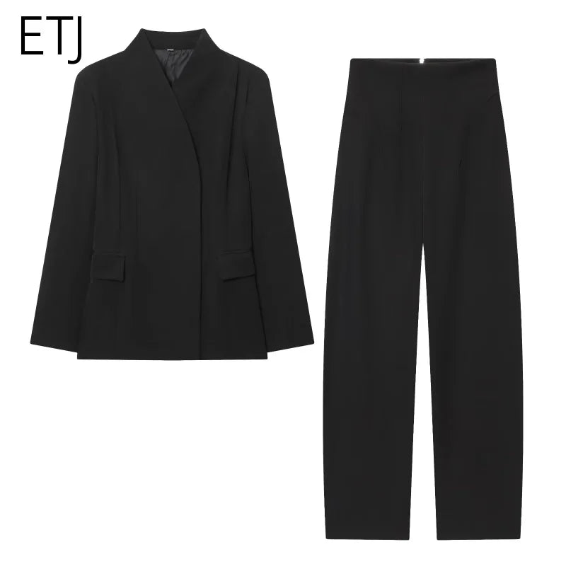 High Collar Slim Blazer & Wide Leg Trouser Set | Wovetsa
