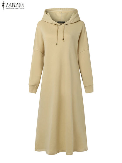 Plus Size 5XL ZANZEA Women Fashion Sweatshirt Dresses Autumn Long Sleeve Hooded Robe Solid Casual Loose Pockets Long Vestidos