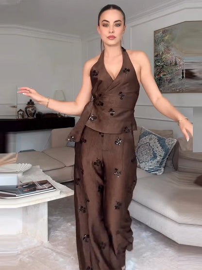 Sequin Halter Top & Wide-Leg Pants | Wovetsa