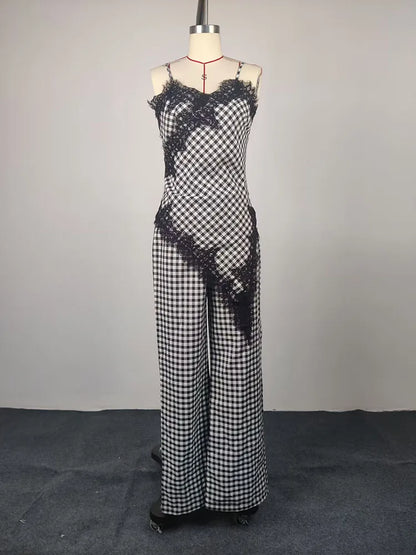 Plaid Lace Spliced Women's 2-Piece Sets Chic Irregular Off Shoulder Sleeveless Backless Top Wide Leg Pants 2026 Summer Women Set