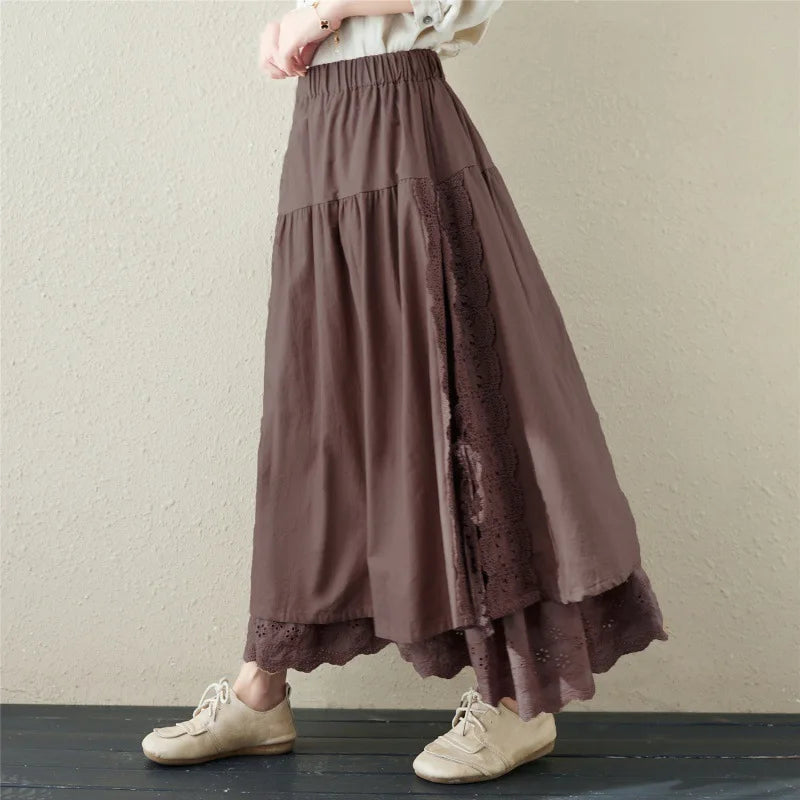Lace Embroidery Cotton Linen Pleated Skirt | Wovetsa