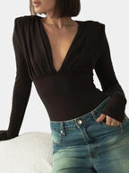 JULISSA MO Sexy Deep V-neck Long Sleeve Women Bodysuit Black High Waist Ruched Playsuit Autumn Slim Elegant Party Clubwear 2025