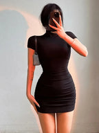 Turtleneck Pleated Waist Mini Dress | Wovetsa