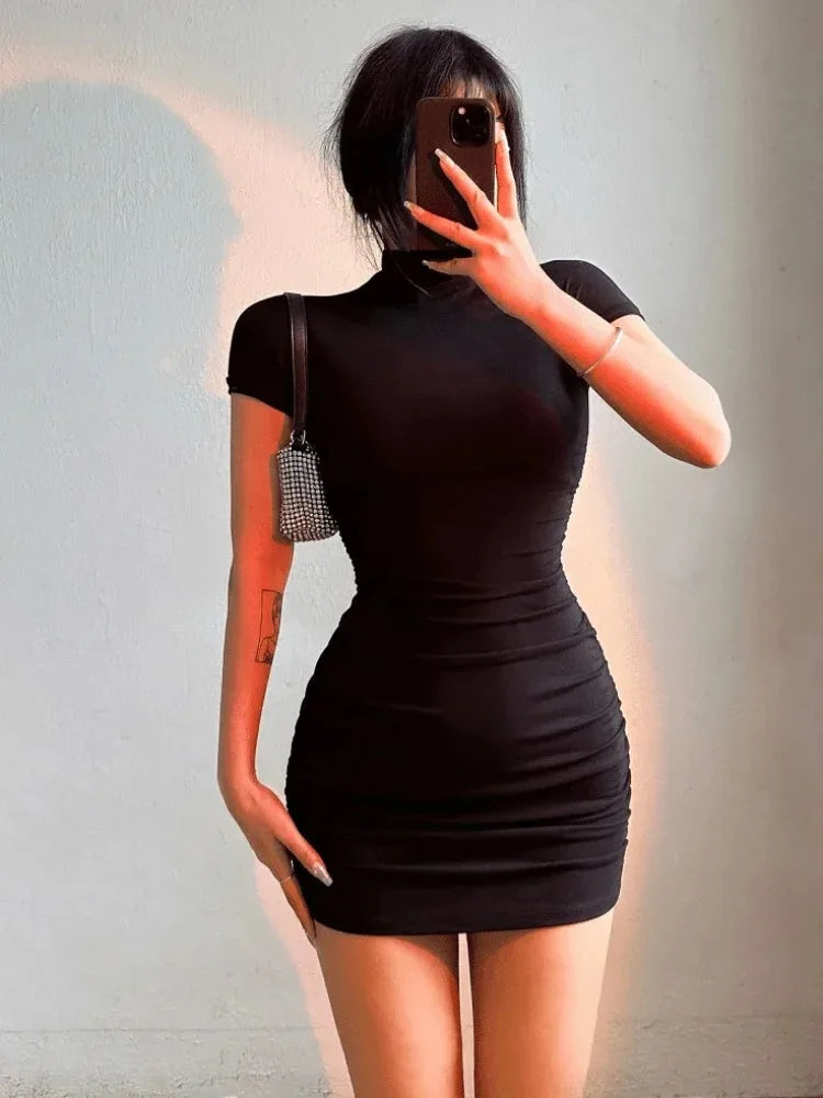 Turtleneck Pleated Waist Mini Dress | Wovetsa