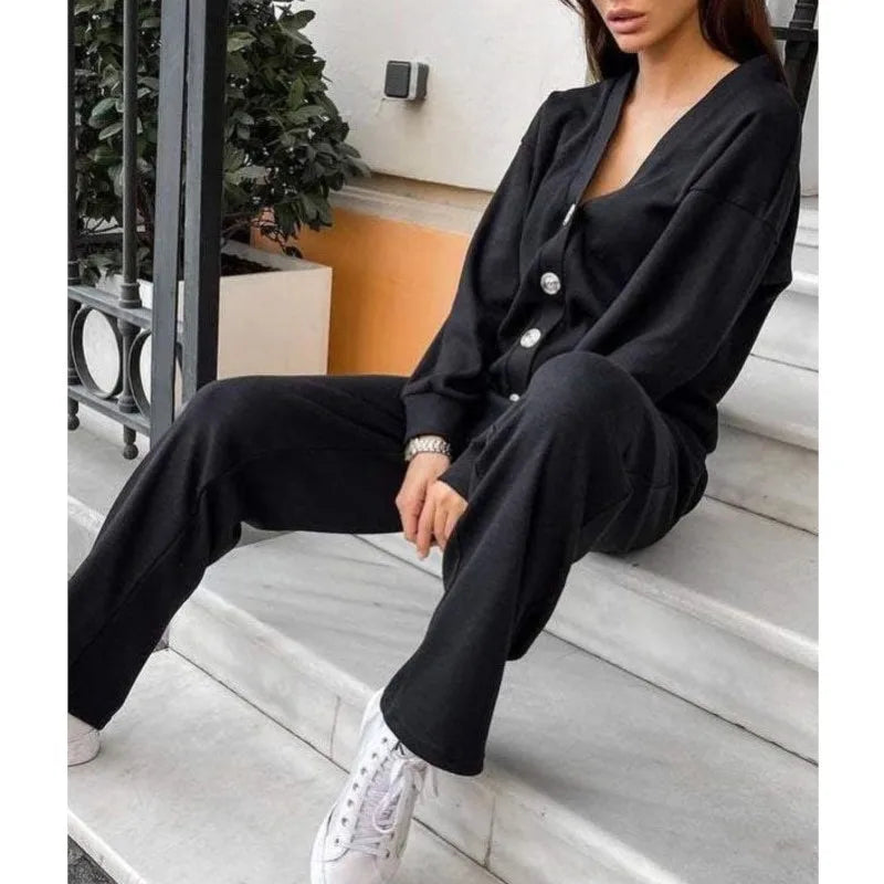 V-Neck Single-Breasted Cardigan & Pants Set | Wovetsa