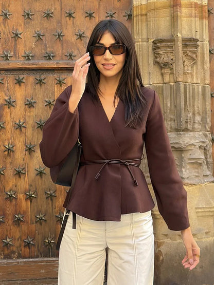 V-Neck Belted Knit Cardigan | Wovetsa