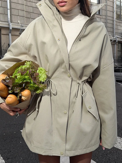 Suninheart Stand Collar Drawstring Waist Trench Jacket Female Commute Long Sleeves Casual Women's Mid-Length Trench Coat