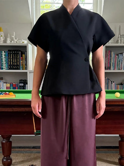 Short Sleeve V-Neck Peplum Blazer | Wovetsa