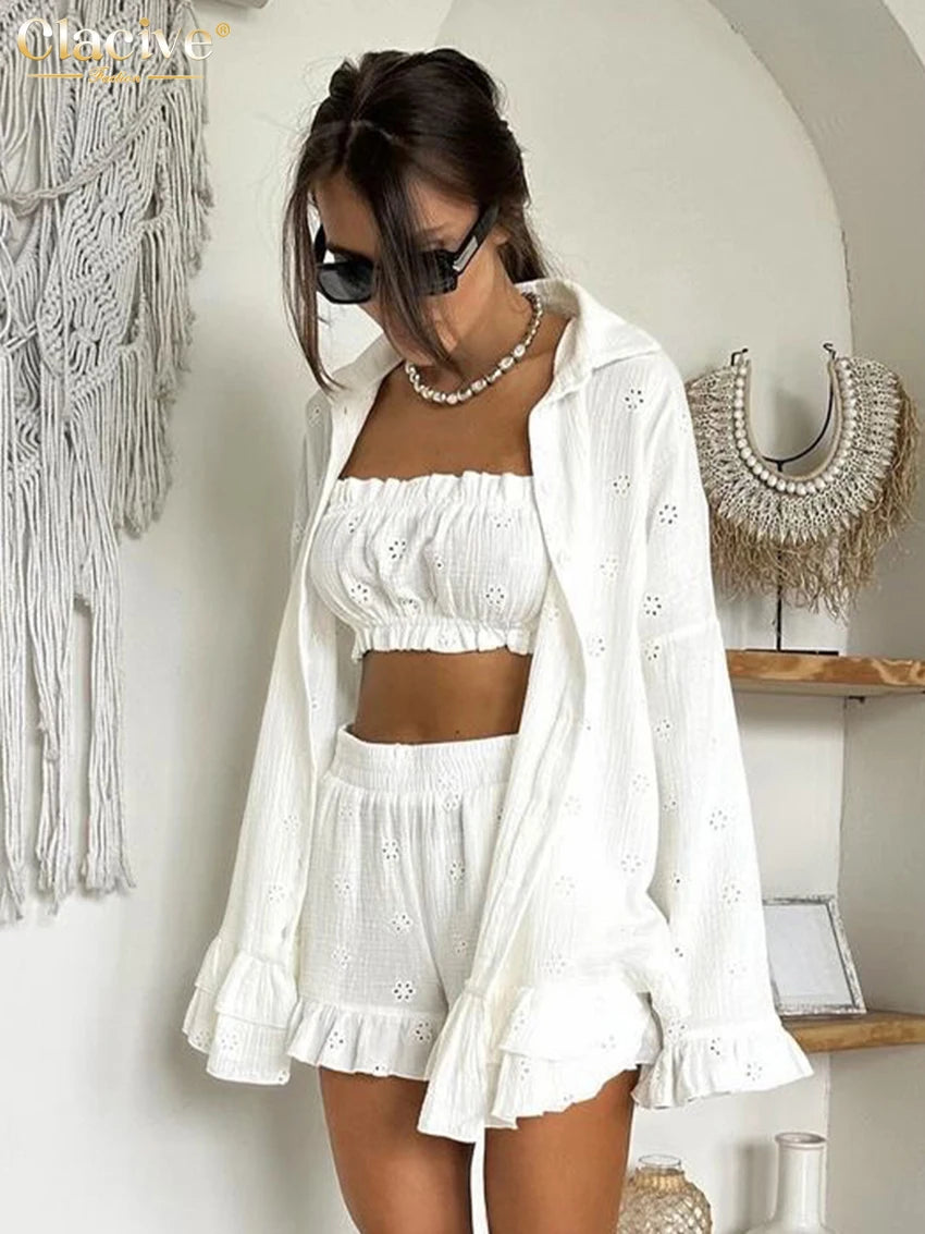 Cotton Long Sleeve Shirt & High-Waist Shorts 3-Piece Set | Wovetsa