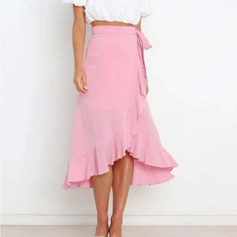 Lace-Up Ruffle Chiffon Bodycon Midi Skirt | Wovetsa