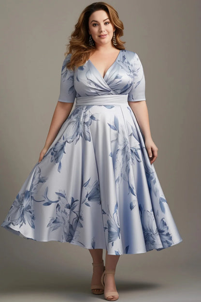 Plus Size Floral Wrap Tea-Length Dress | Wovetsa