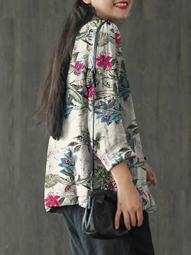 Floral Print Cotton Lapel Blazer Loose Fit | Wovetsa