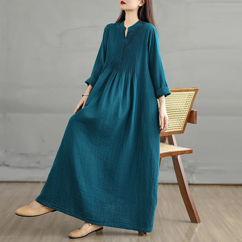 Blue High Waist A-Line Long Sve Maxi Dr Women's Midi Skirt Double Layered Simple Loose Versatile Cotton Linen Blend Dr