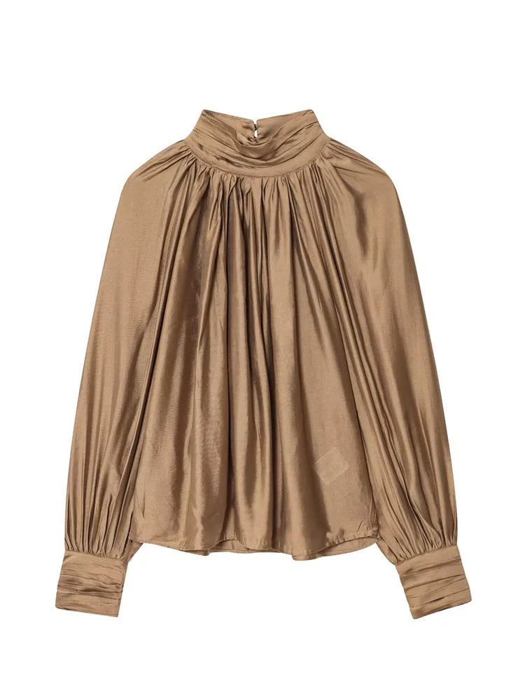 HH Women Autumn Fashion Simple Versatile Standing Collar Draped Top Female High Street Temperament Lantern Long Sleeve Shirt