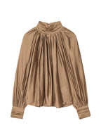 HH Women Autumn Fashion Simple Versatile Standing Collar Draped Top Female High Street Temperament Lantern Long Sleeve Shirt