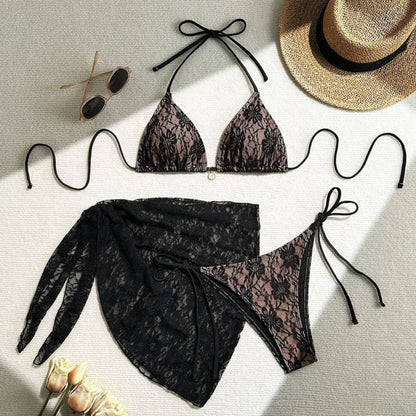 Lace Contrast 3-Piece Bikini Set | Wovetsa