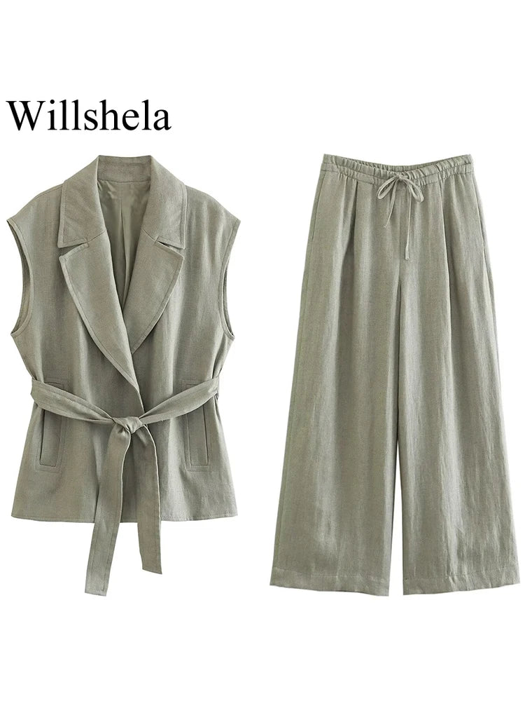 Women's Tailored Two Piece Set – V-Neck Vest & Wide Leg Pants