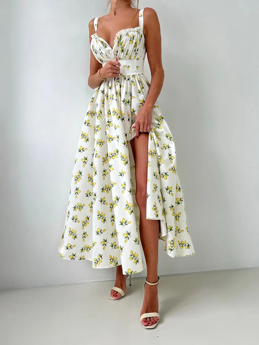 Lemon Print High Waist Slit Cami Maxi Dress | Wovetsa